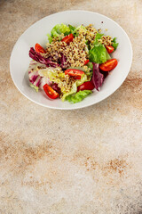 Quinoa salad tomato, green leaf salad vegetables dish natural tasty snack fresh delicious gourmet food background on the table rustic top view copy space keto and paleo diet vegan and vegan food
