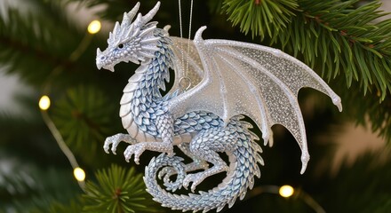 Fototapeta premium Magical Christmas dragon ornament with glittery wings hanging on a beautiful evergreen tree adding fantasy and sparkle to holiday celebrations