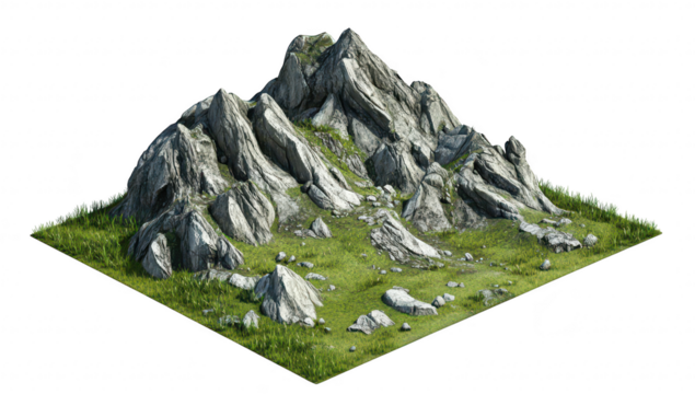 A detailed illustration of rugged mountains with sharp peaks and scattered rocks. set against a grassy terrain. ideal for use in landscape design or gaming backgrounds - Powered by Adobe