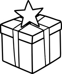 Simple line drawing of gift box with star decoration isolated vector, Minimal festive gift illustration, Holiday present outline artwork, Decorative gift box line art vector