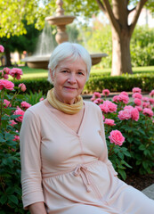 Senior woman enjoying serene moment among pink roses in garden