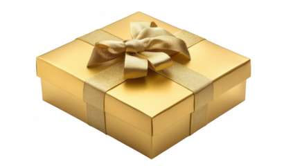 A beautifully wrapped golden gift box with an elegant bow. set against a clean white background. symbolizing celebration and joy. perfect for holiday or special occasion themes