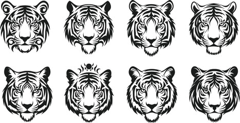 Tiger face illustrations in tribal, decorative, and symmetrical styles, black and white vector artwork, animal strength, wild beauty, tattoo, branding design