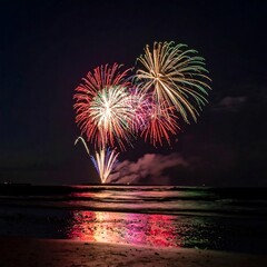 Fireworks over the beach at night