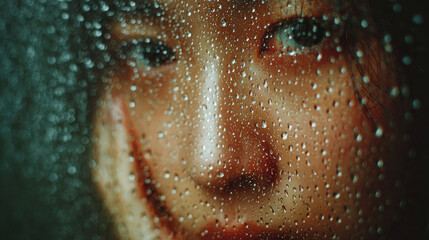 An artistic, emotional close-up of a woman's face, with water droplets on a windowpane. 