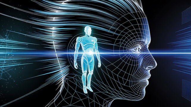 Glowing blue wireframe robot figure within a digital human head grid with light streaks android artificial intelligence