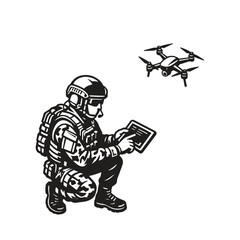 black and white vector illustration of military drone pilot operate with smart gadget