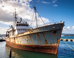 Rusted, weathered ship docked in calm waters, under a partly cloudy sky
