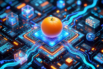 Orange fruit glowing on futuristic cyber circuit