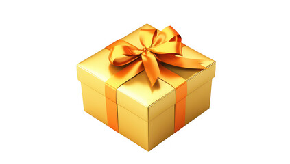 Obraz premium A beautifully wrapped golden gift box with an elegant orange ribbon. placed on a clean white background. symbolizing celebration and joy. perfect for holiday or special occasion themes