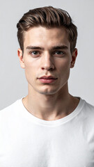 Professional Minimalist Headshot of Young Man in White T Shirt on Light Background