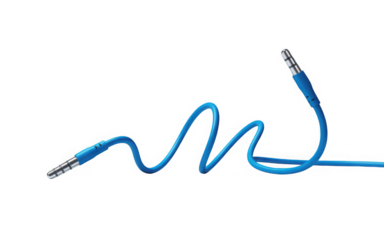 Bright Blue Audio Jack Cable Zigzagging Across White Background with Metallic Connectors PNG