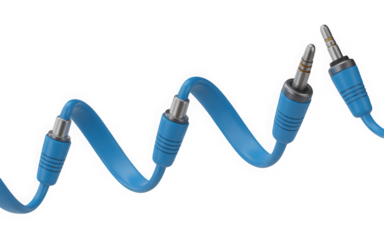 Bright Blue Audio Jack Cable Zigzagging Across White Background with Metallic Connectors PNG