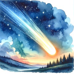 Comet streaks across night sky over landscape