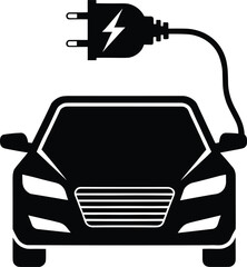 Electric car charging icon, eco vehicle silhouette, plug with lightning symbol, clean energy concept, sustainable transport graphic, modern EV design
