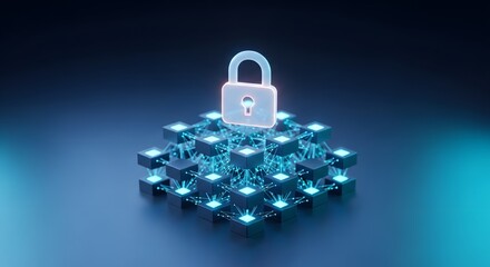 Digital padlock on a glowing network of interconnected cubes, representing cybersecurity and data protection in a futuristic network
