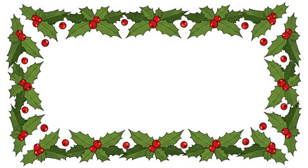 Christmas holly border with red berries, isolated on white background