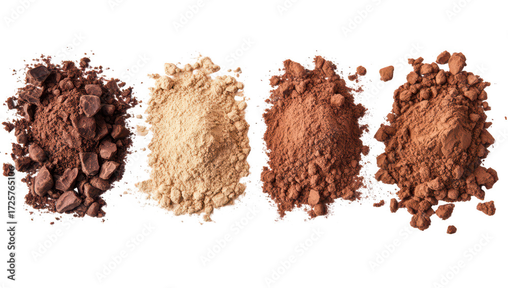 Wall mural a display of various cocoa powders arranged in neat piles on a clean white background. their distinc