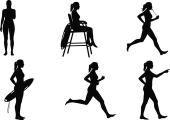 Silhouette, male, lifestyle, athlete, runner, walker, surfer, sitting, standing, pointing, activity, posture, exercise, fitness, motion, balance, leisure, movement, body, pose, action