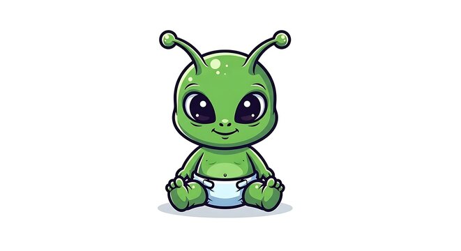 Illustration of a cartoon baby alien with big eyes wearing a diaper sitting on a white background
