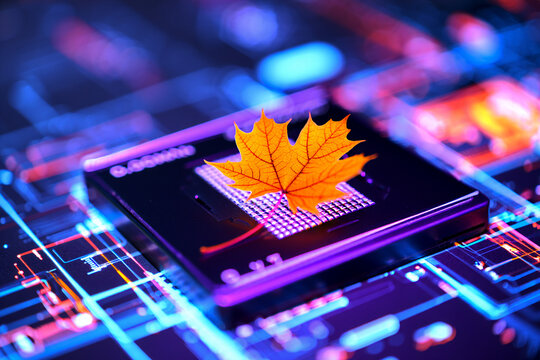 Glowing maple leaf on futuristic processor