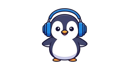 Naklejka premium A cartoon penguin with blue headphones on a white background, looking straight ahead with a smile on its face