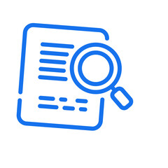 Blue outline icon of a document with a magnifying glass searching for information