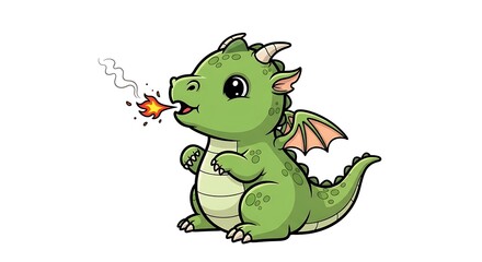 A cartoon green dragon with small wings is breathing fire on a plain white background illustration