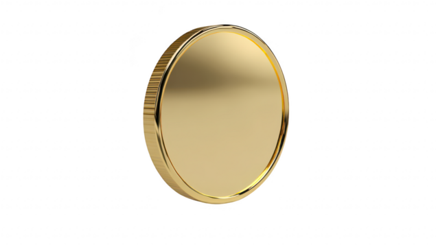 A shiny gold coin positioned on a smooth surface. reflecting light. its polished edges and surface. ideal for financial themes or currency-related projects
