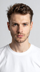 Professional Minimalist Headshot of Young Man in White T Shirt on Light Background