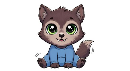 Obraz premium Cartoon illustration of a baby werewolf with green eyes wearing a blue onesie sitting down cute and fluffy