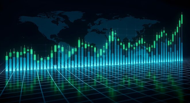 Futuristic financial stock market graph with glowing blue and green bars and a world map overlay, representing global economic growth and digital trading