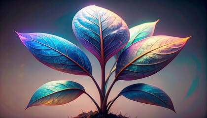 Glowing plant sprouts from soil, leaves shimmering with vibrant blues, purples, and yellows