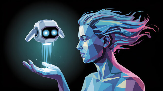 Woman's hand holding hovering polygonal robot with glowing blue eyes and blue light beams artificial intelligence