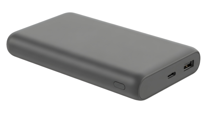 Minimalist gray power bank, a modern portable charging device with multiple ports, presented as a clean object on a white background - Powered by Adobe
