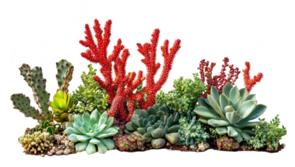 A arrangement of various succulents and cacti. their unique shapes and colors against a clean white background. ideal for gardening enthusiasts and plant lovers