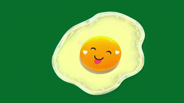 Cute cartoon fried egg with smiling face on green background, kawaii breakfast food illustration. Funny happy yolk character concept, playful design, animated style 4k footage