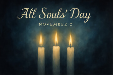 Three lit candles glowing softly on all souls day november 2nd a solemn remembrance of departed loved ones