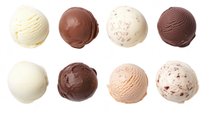 A delightful assortment of eight ice cream scoops in various flavors arranged neatly on a white background. perfect for dessert options in a menu or food photography