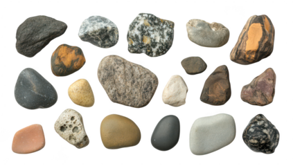 A diverse collection of various stones and pebbles arranged artistically on a white background. their unique textures and colors. ideal for educational or decorative use