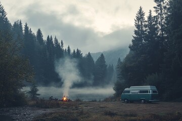 Tranquil forest camping with camper van and smoky campfire
