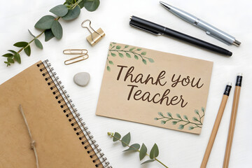 Fototapeta premium Teacher’s Day Thank You Note with Stationery Flat Lay