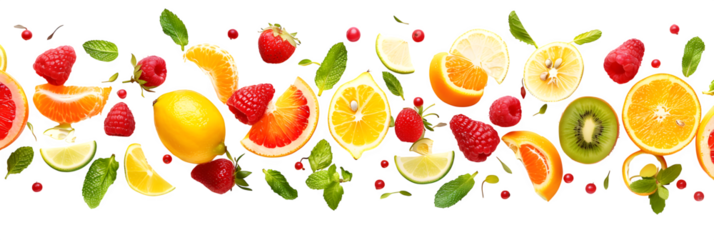 Vibrant burst of fresh citrus fruits and berries creating a dynamic, healthy, and refreshing summer medley perfect for energetic design projectsIsolated  to Transparent  Background