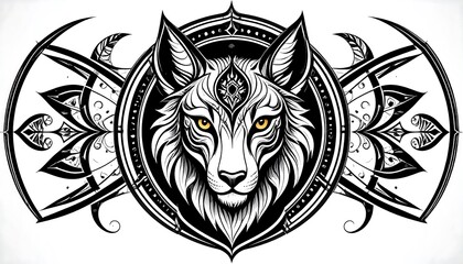 Intricate wolf head design, framed by floral and crescent moon patterns