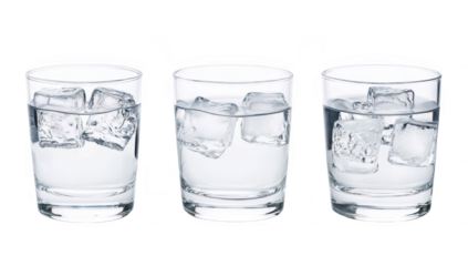 Three clear glasses filled with water and ice cubes. arranged in a row against a white background. ideal for beverage-related content or refreshing drink concepts