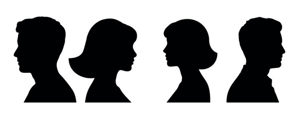 Human head profile silhouettes vector – male and female side face icons, people avatar symbols, social identity graphic design