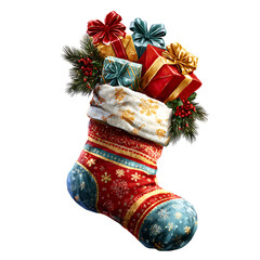 Christmas stocking filled with candy canes, gingerbread cookies, and gifts in a festive design
