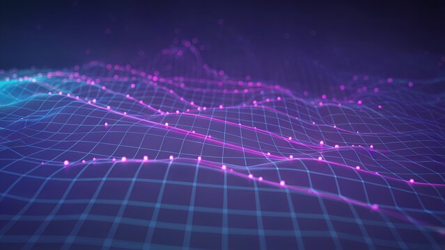 Futuristic Neon Grid Wave with Glowing Dots, Abstract Digital Technology Background
