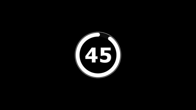 Circle countdown timer one minute animation from 50 to 0 second animation on black background with alpha channel, 50 second countdown timer, number of countdown animation