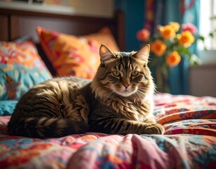 Fluffy cat resting on a bed